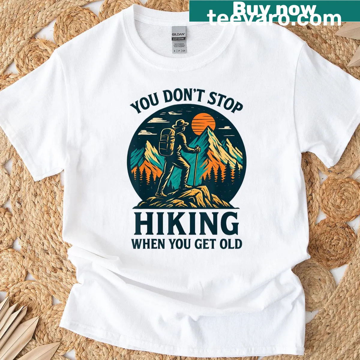 Retro hiking quote T-shirt celebrating adventure at any age — on a men's t-shirt