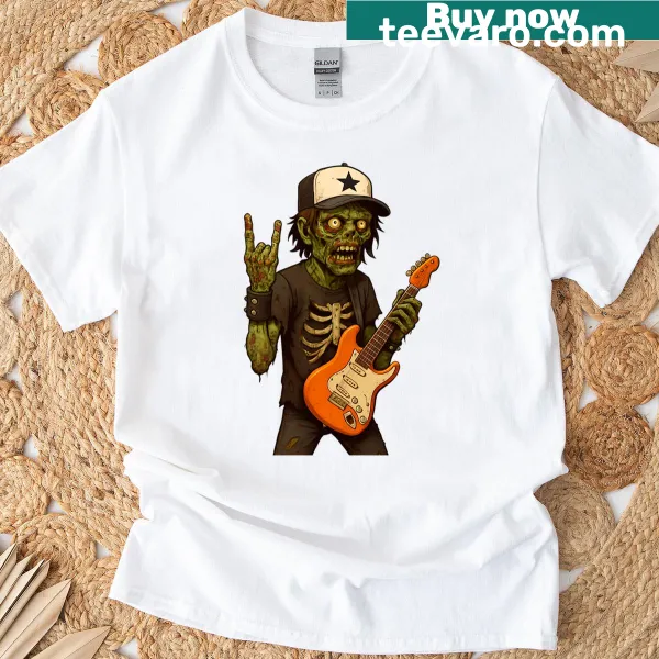 Graphic of a zombie punk rocker with an electric guitar