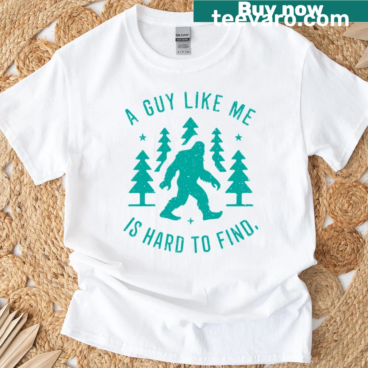 Funny T-shirt with Bigfoot graphic and text 'A Guy Like Me Is Hard To Find' — on a men's t-shirt