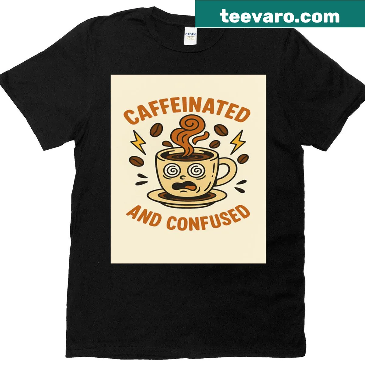 Funny retro tee with 'Affeinated And Confused' text for coffee lovers — on a men's t-shirt