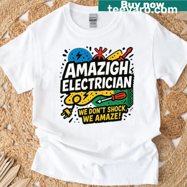 Funny electrician t-shirt with the slogan 'We Don't Shock, We Amaze'