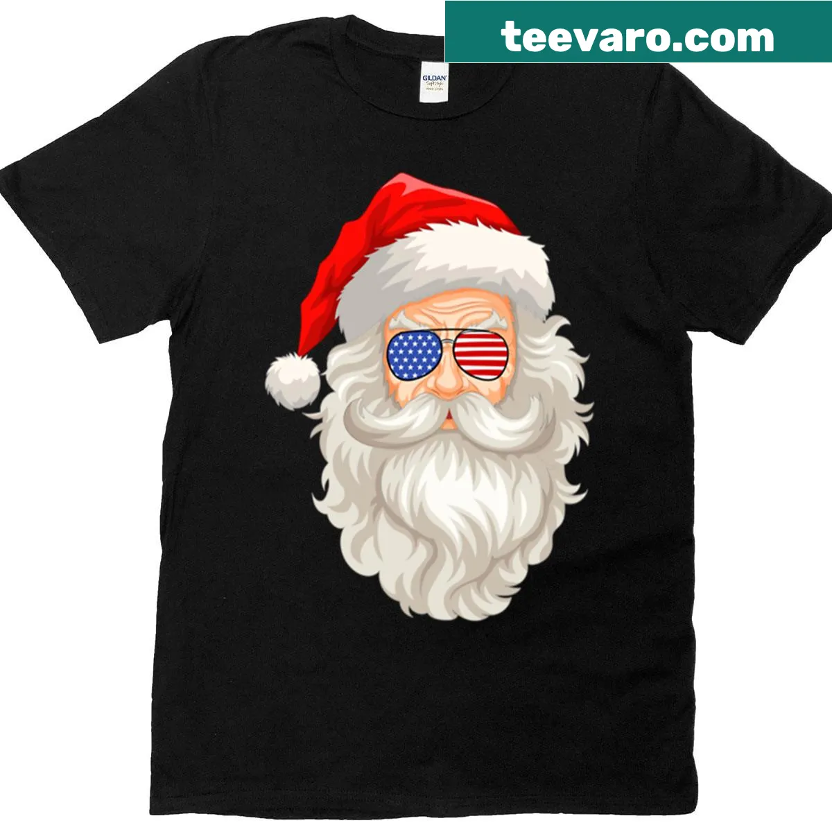Funny T-shirt featuring Santa with USA flag sunglasses. — on a men's t-shirt