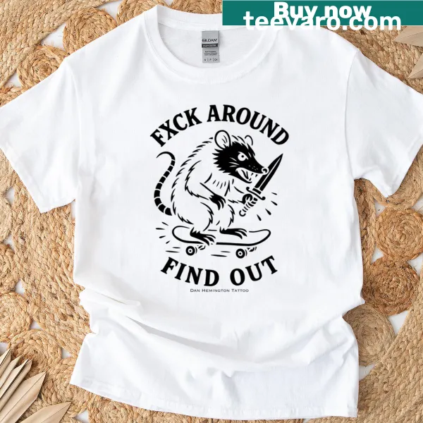 Cartoon angry possum skateboarding on a black t-shirt
