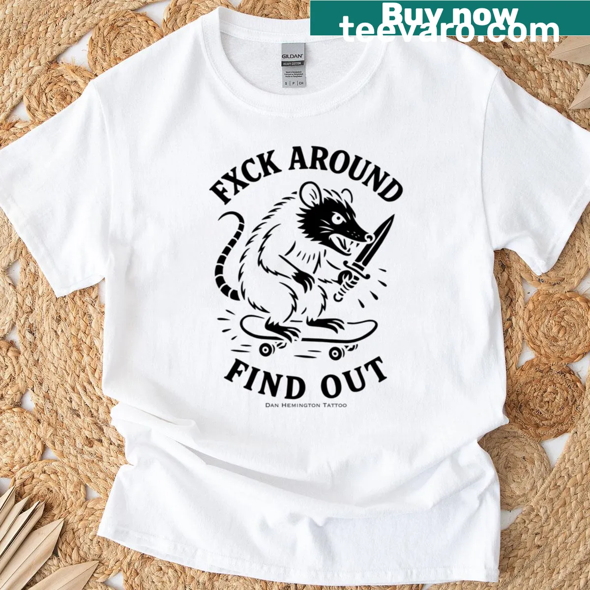 Cartoon angry possum skateboarding on a black t-shirt — on a men's t-shirt