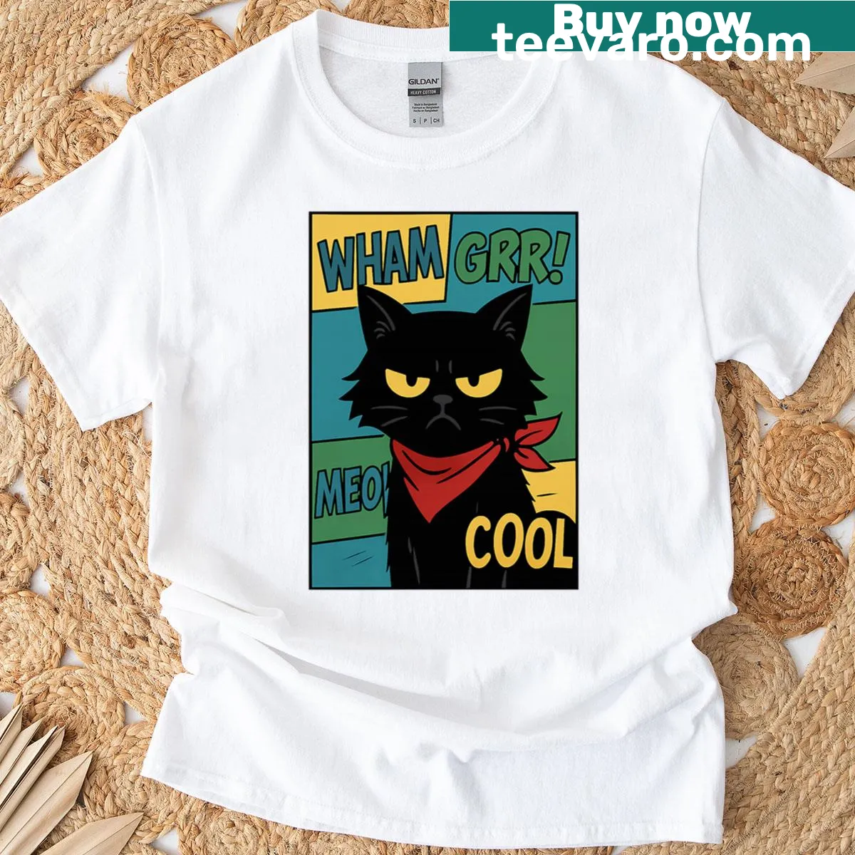 Pop art comic style T-shirt with an annoying cat graphic — on a men's t-shirt