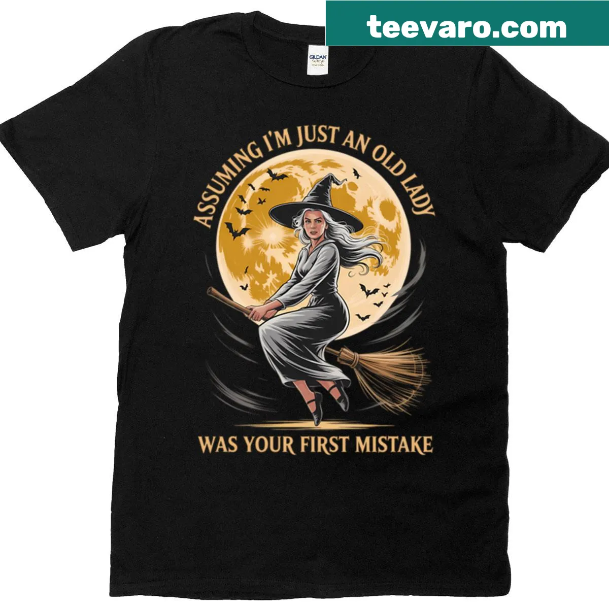 Sarcastic t-shirt stating 'Assuming I'm Just An Old Lady Was Your First Mistake' — on a men's t-shirt