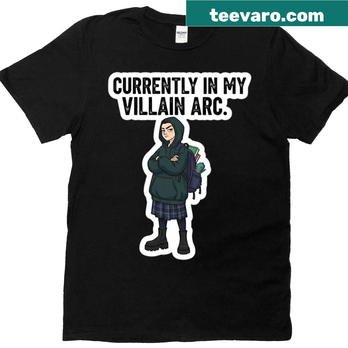 Back to school t-shirt with 'Villain Arc' sticker design — on a men's t-shirt