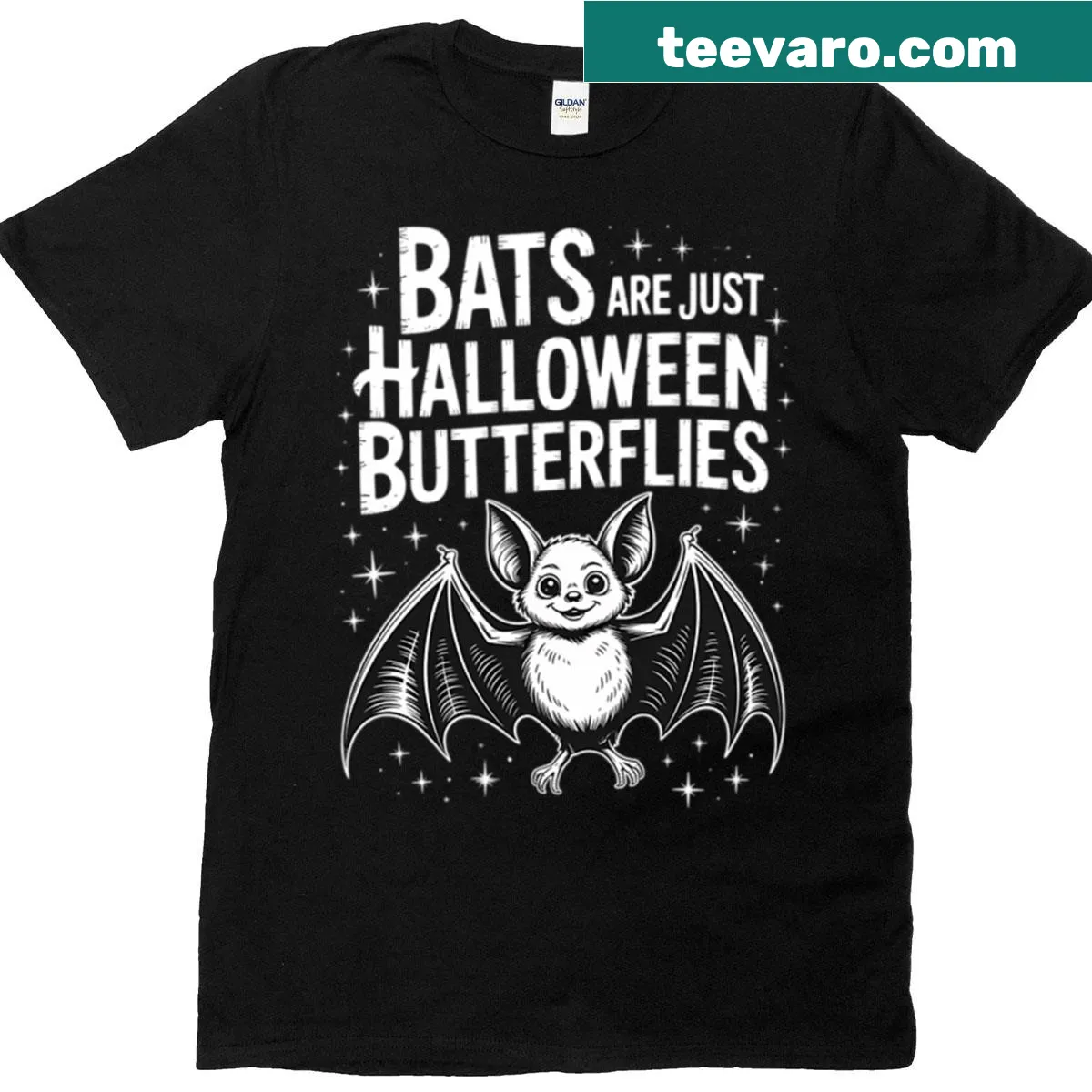 Funny Halloween t-shirt with bats as butterflies text — on a men's t-shirt