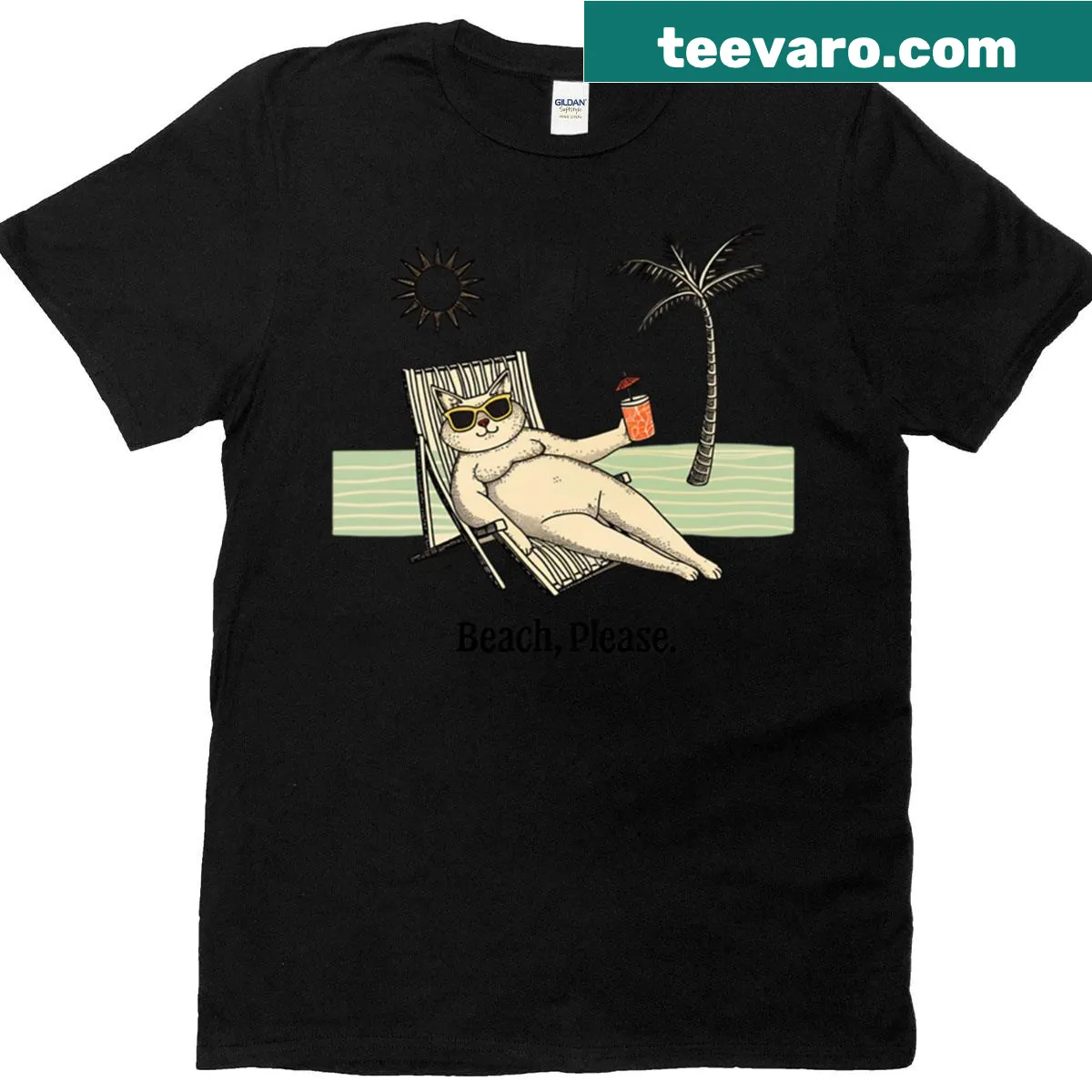 Sassy cat summer vibes t-shirt with 'Beach Please' text — on a men's t-shirt