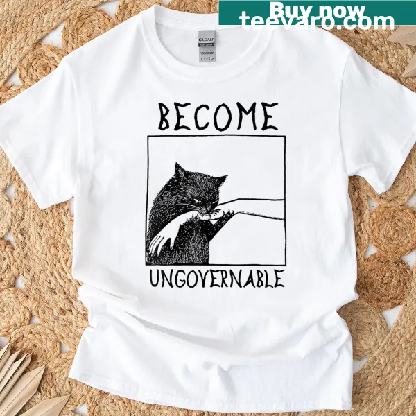 Edgy T-shirt with a black cat biting a hand design
