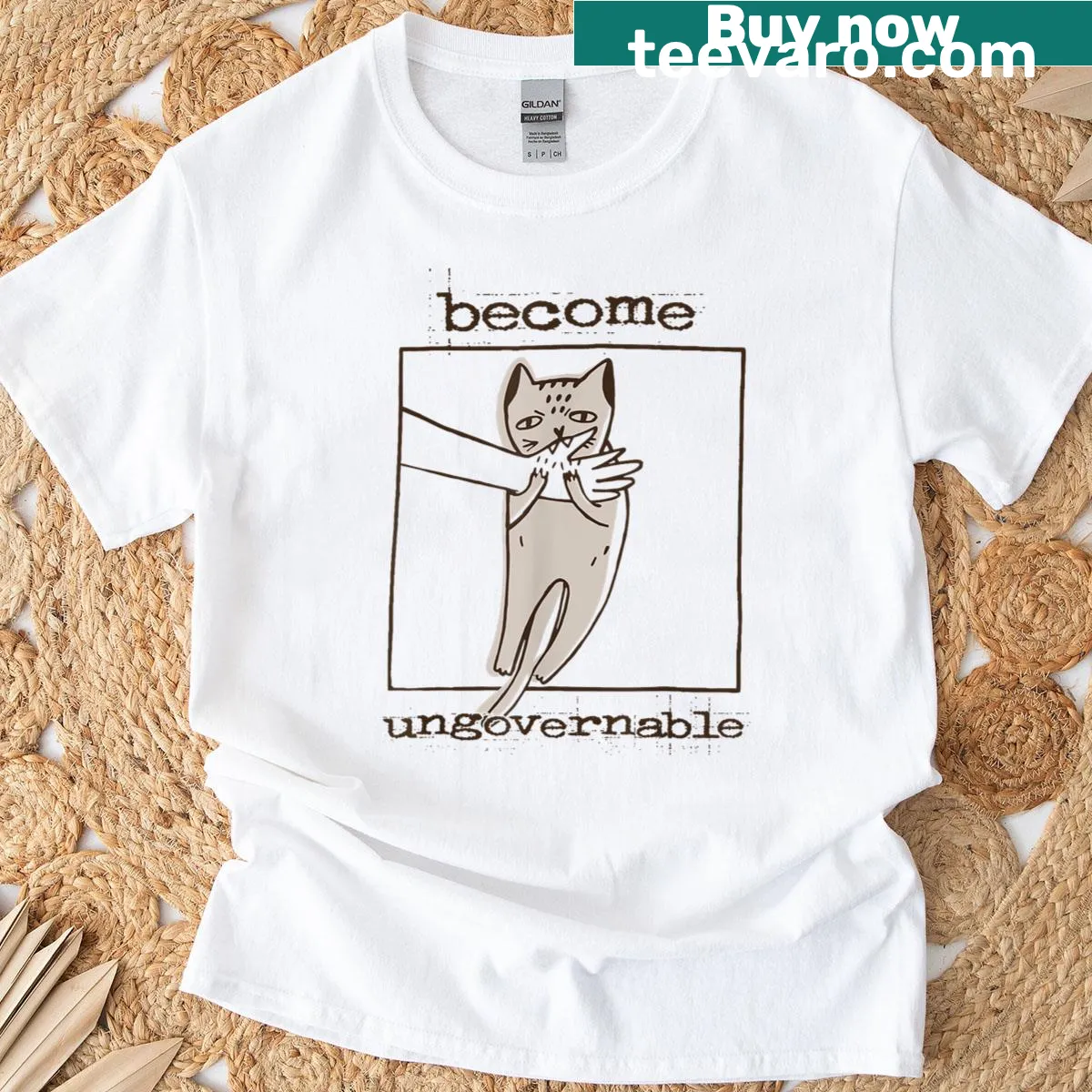 Funny cat biting hand meme shirt with cartoon design — on a men's t-shirt