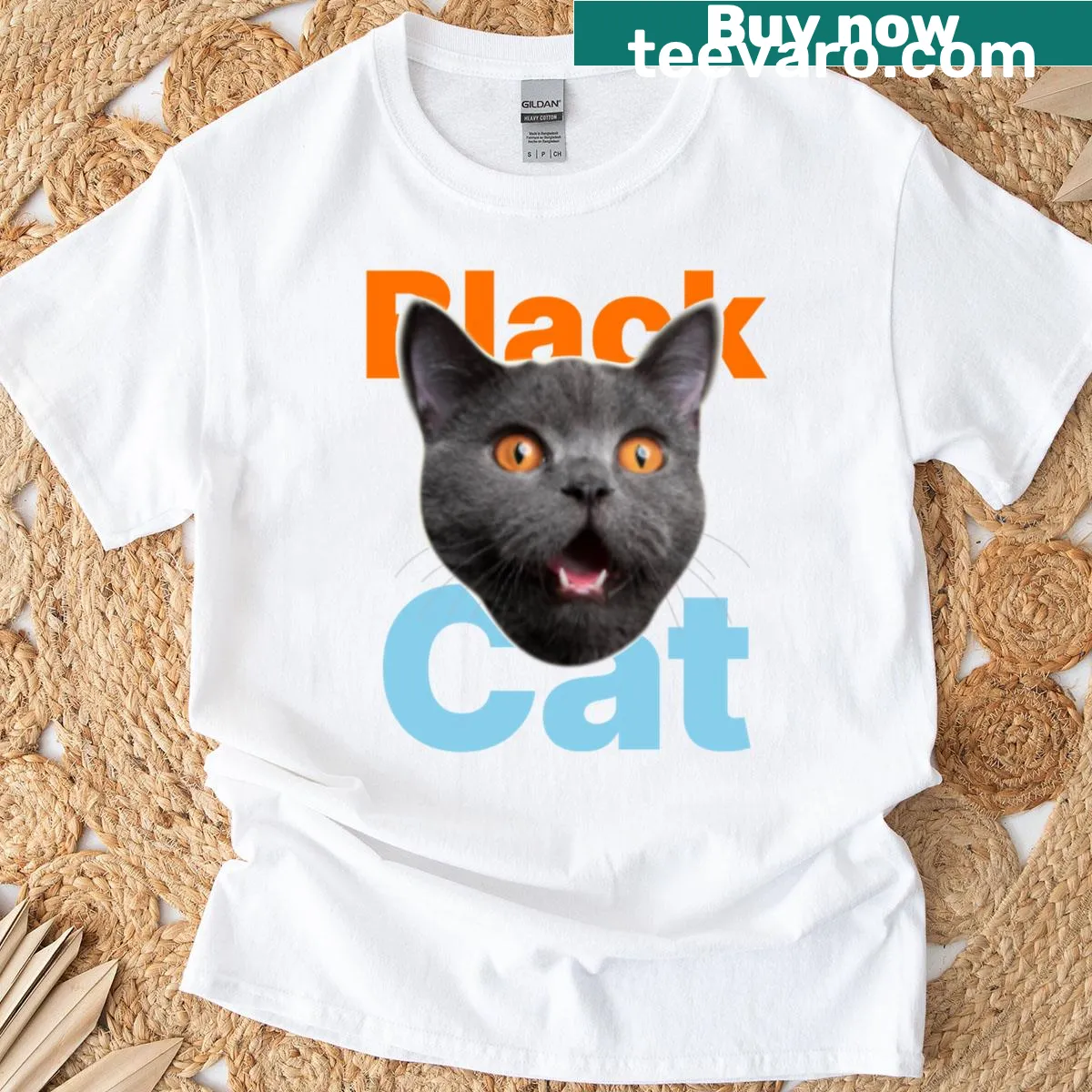Graphic shirt featuring an angry black cat illustration — on a men's t-shirt