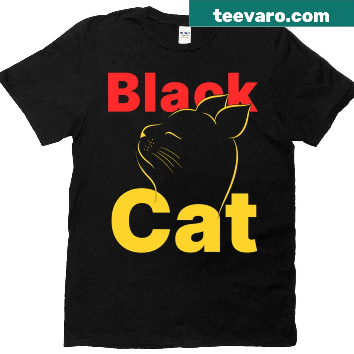 Minimalist black cat silhouette art on a t-shirt — on a men's t-shirt