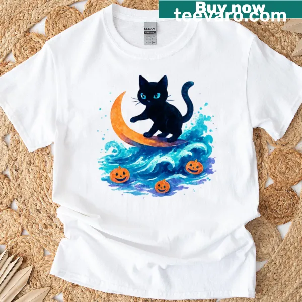 Whimsical oversized T-shirt featuring a black cat surfing the moon with pumpkins