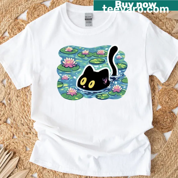 Illustration of a cat behind a lily on oversized T-shirt.