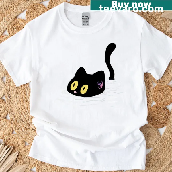 Silhouette of a black cat by water on a T-shirt