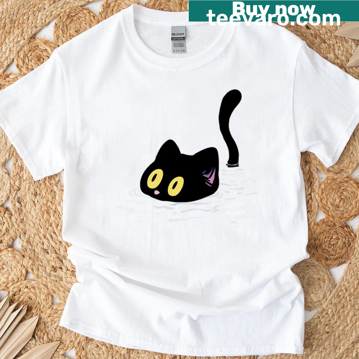 Silhouette of a black cat by water on a T-shirt — on a men's t-shirt