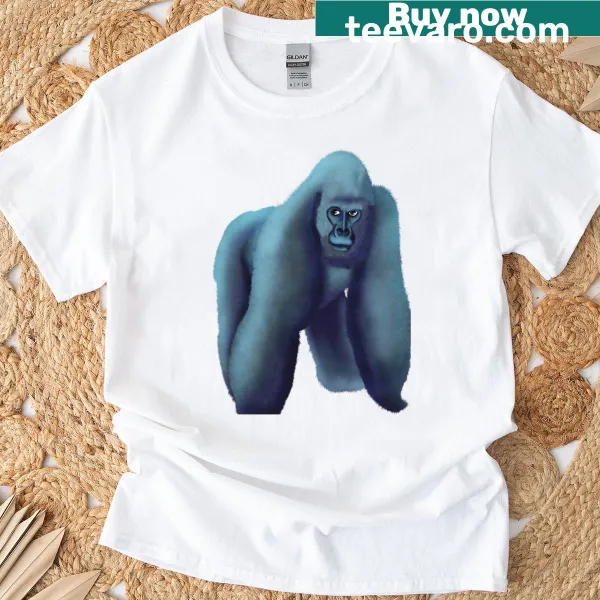 Graphic of a blue silverback gorilla on an oversized tee