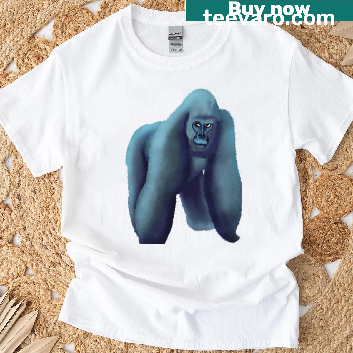 Graphic of a blue silverback gorilla on an oversized tee — on a men's t-shirt