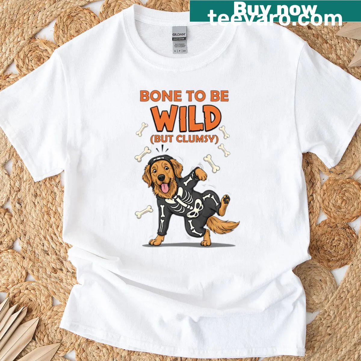 Halloween T-shirt with a clumsy dog skeleton and 'Bone To Be Wild' text — on a men's t-shirt