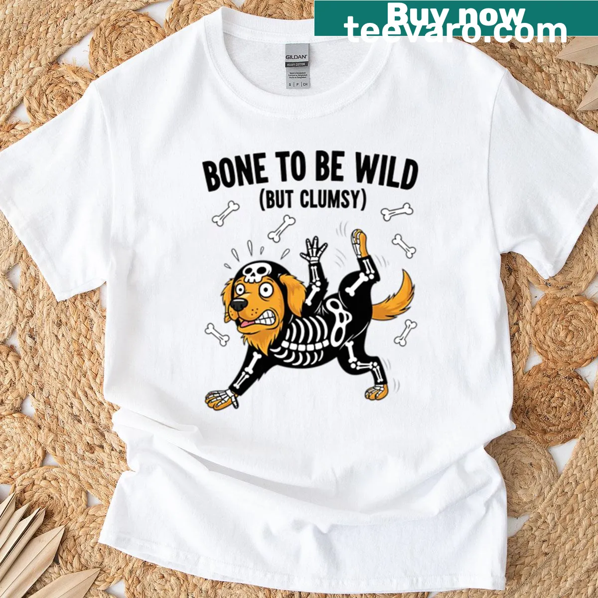 Oversized T-shirt featuring a funny clumsy dog skeleton for Halloween — on a men's t-shirt