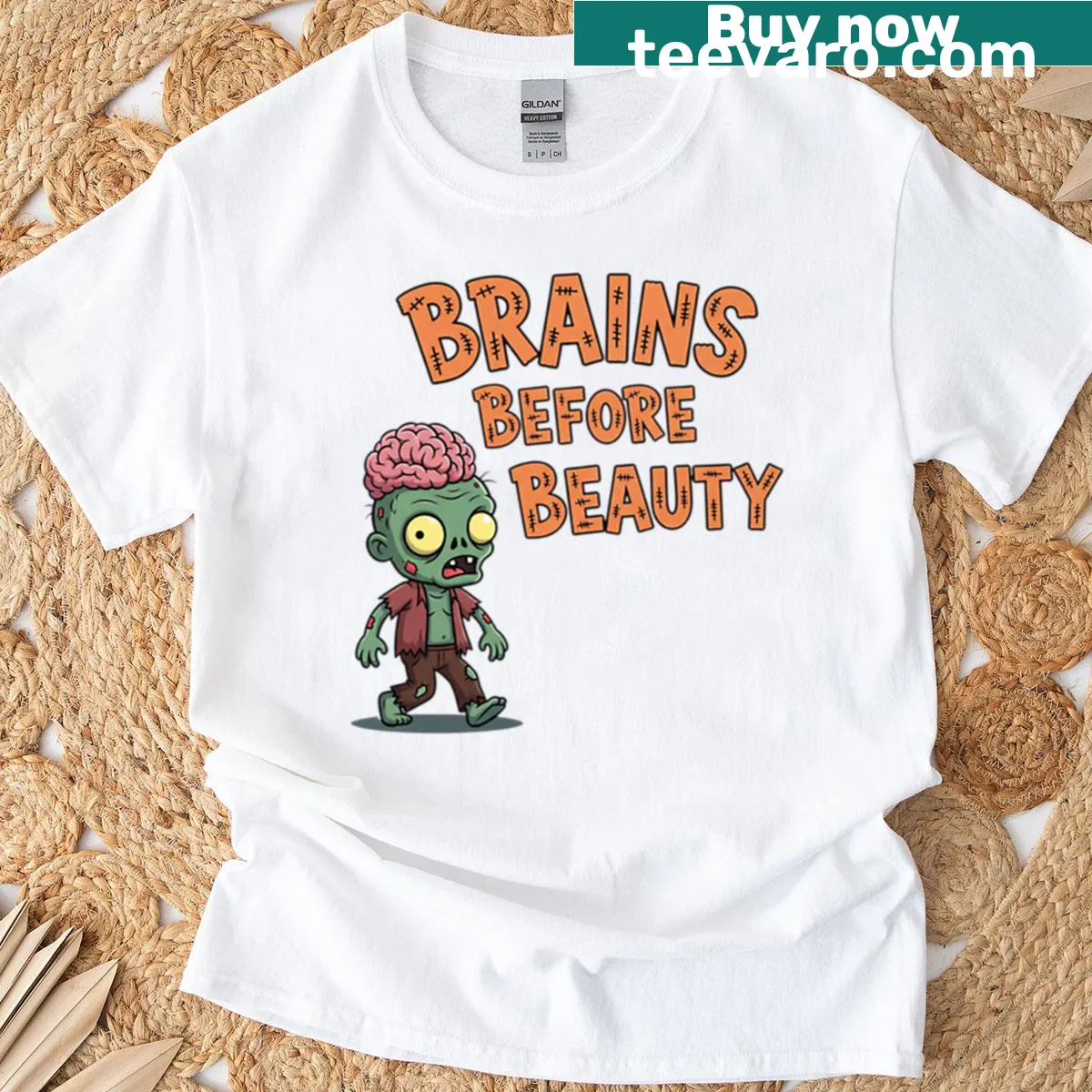 Funny zombie cartoon with text 'Brains Before Beauty' design — on a men's t-shirt