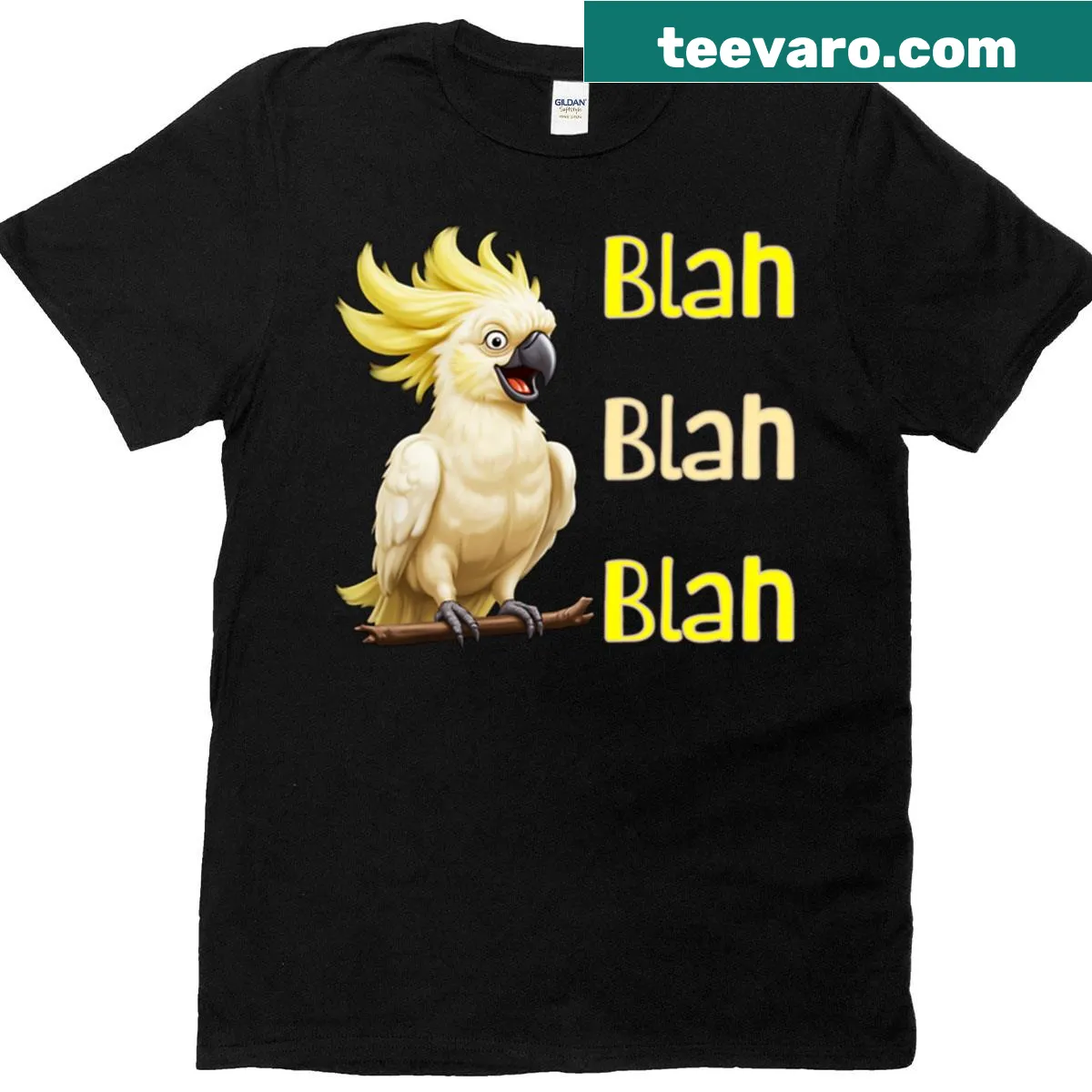 Cartoon T-shirt featuring a cockatoo with 'Blah Blah Blah' text — on a men's t-shirt