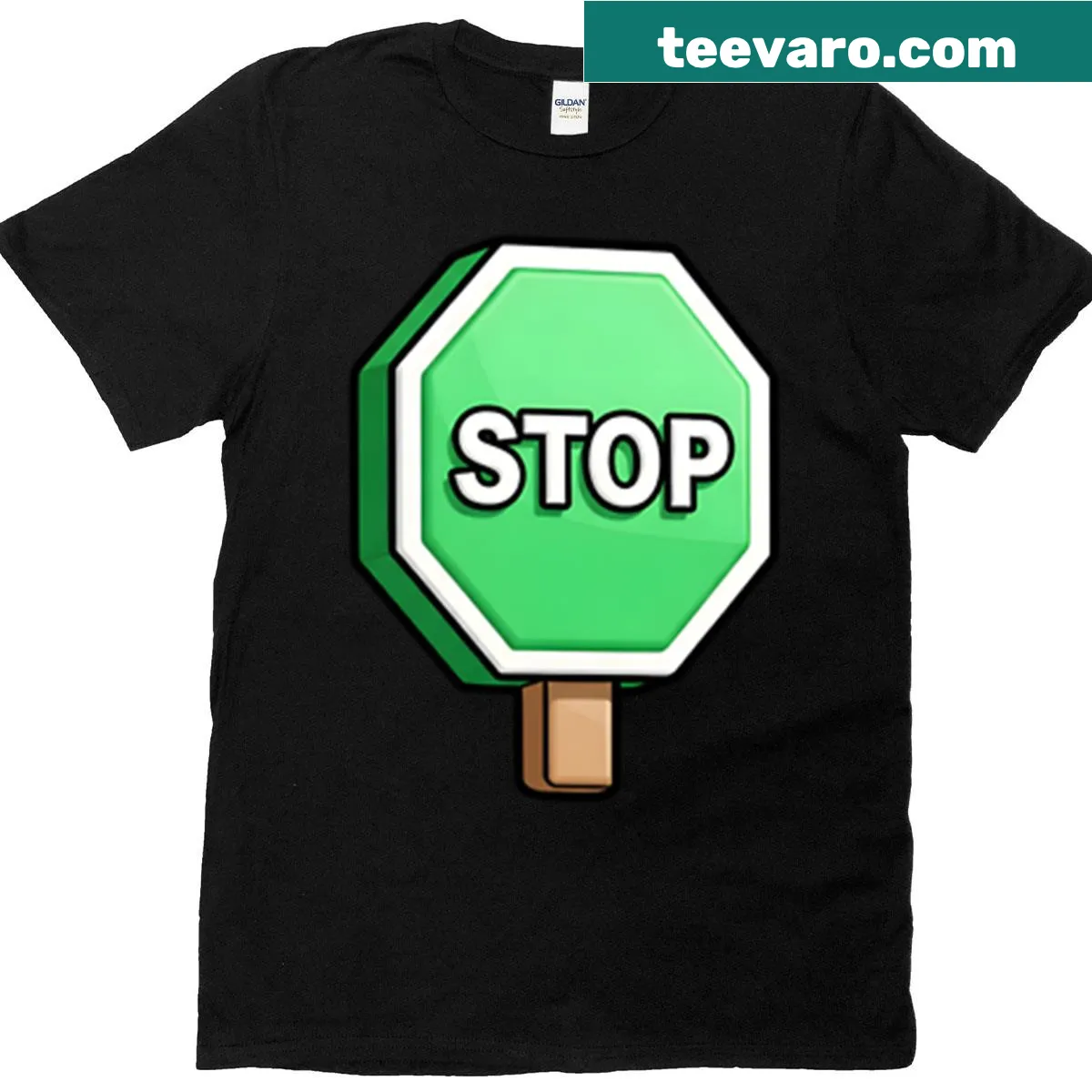 Cartoonish green stop sign t-shirt design — on a men's t-shirt