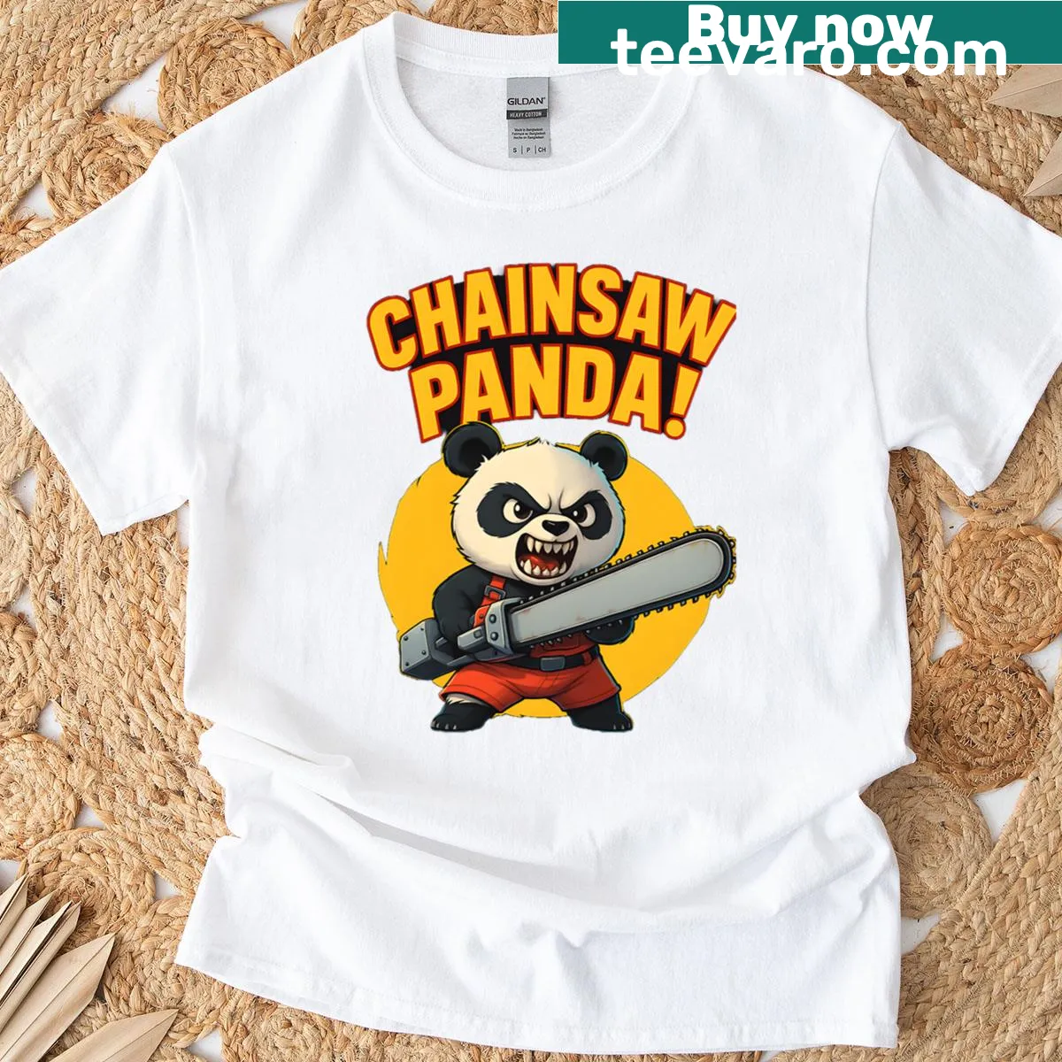 Funny oversized T-shirt featuring a panda holding a chainsaw — on a men's t-shirt