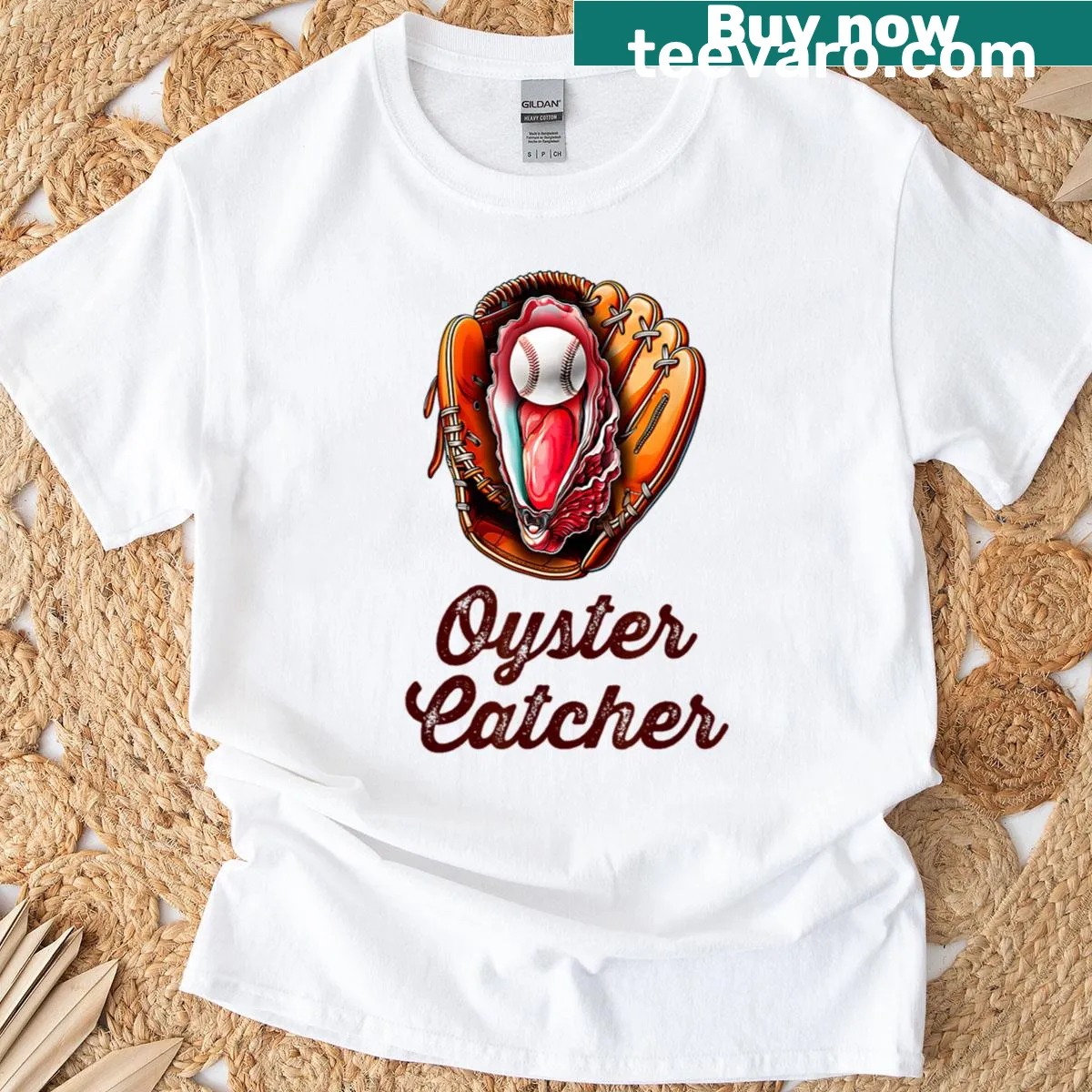 Funny Chesapeake Oyster Catchers baseball-themed fishing t-shirt — on a men's t-shirt