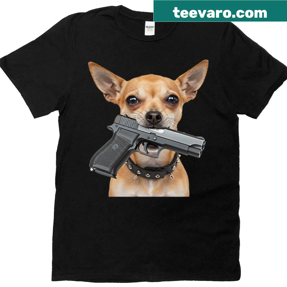 Graphic of a Chihuahua holding a gun, blending cuteness with attitude. — on a men's t-shirt