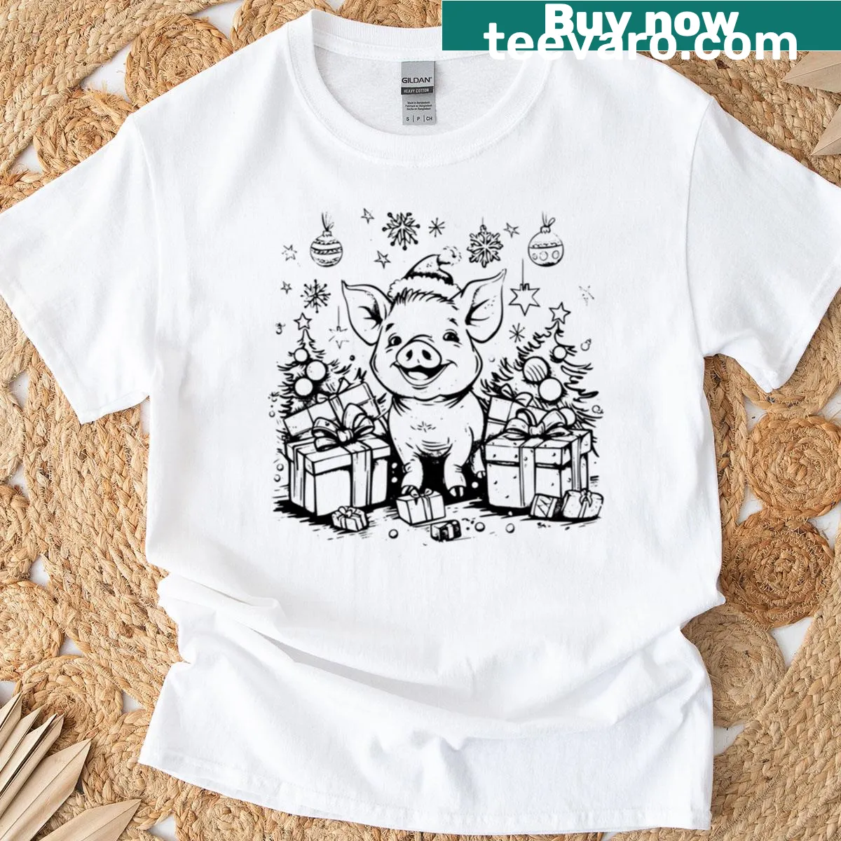 Line art design of a pig with gifts for Christmas — on a men's t-shirt