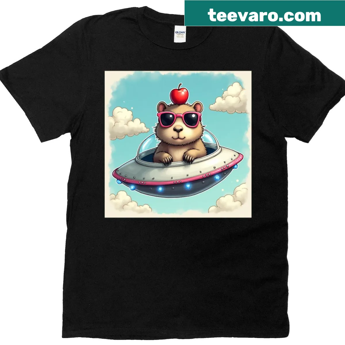 Funny t-shirt with a capybara in sunglasses inside a UFO — on a men's t-shirt