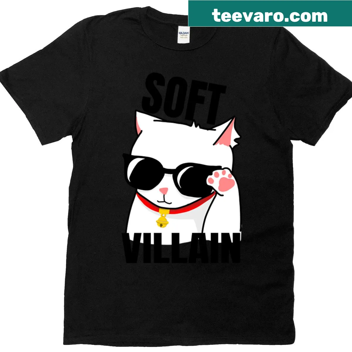 Funny t-shirt featuring a cool cat with sunglasses and kawaii art style. — on a men's t-shirt
