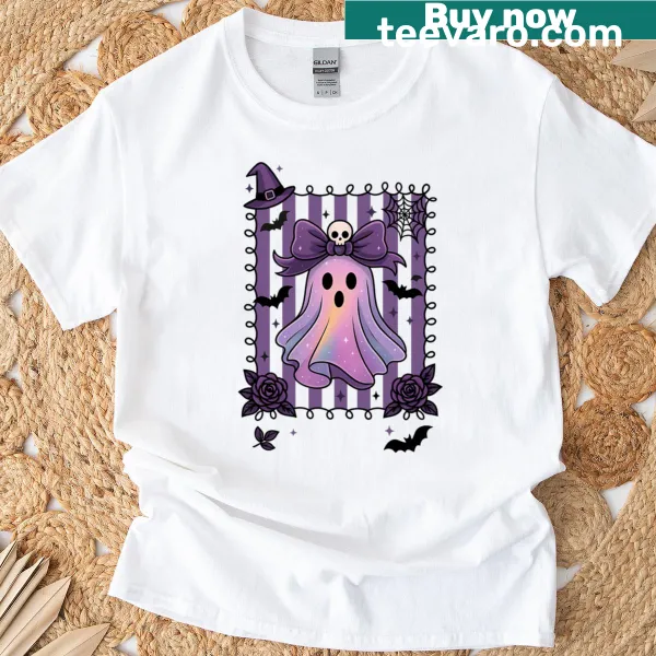 Cute Halloween T-shirt with a ghost and spiderwebs design