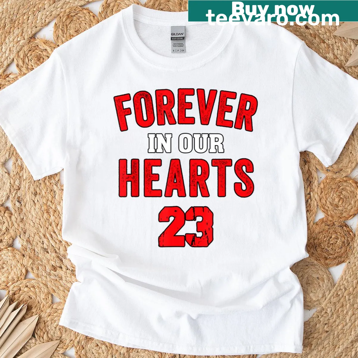 T-shirt with 'Forever In Our Hearts' text design — on a men's t-shirt