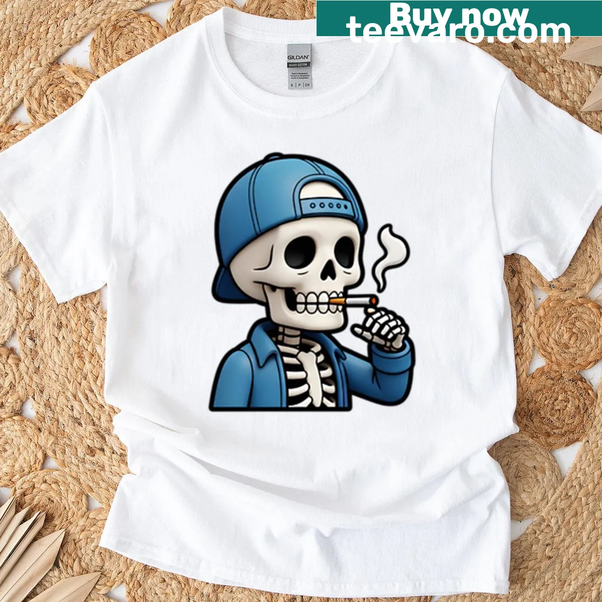 Bold skull smoking cigarette graphic T-shirt for an edgy look — on a men's t-shirt