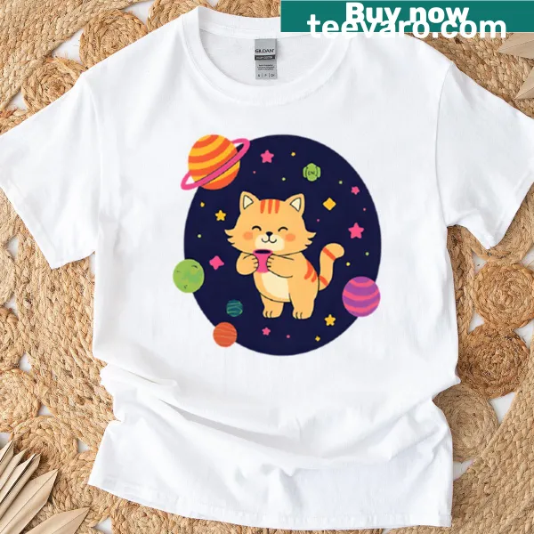 Oversized T-shirt with a cosmic cat enjoying coffee among stars