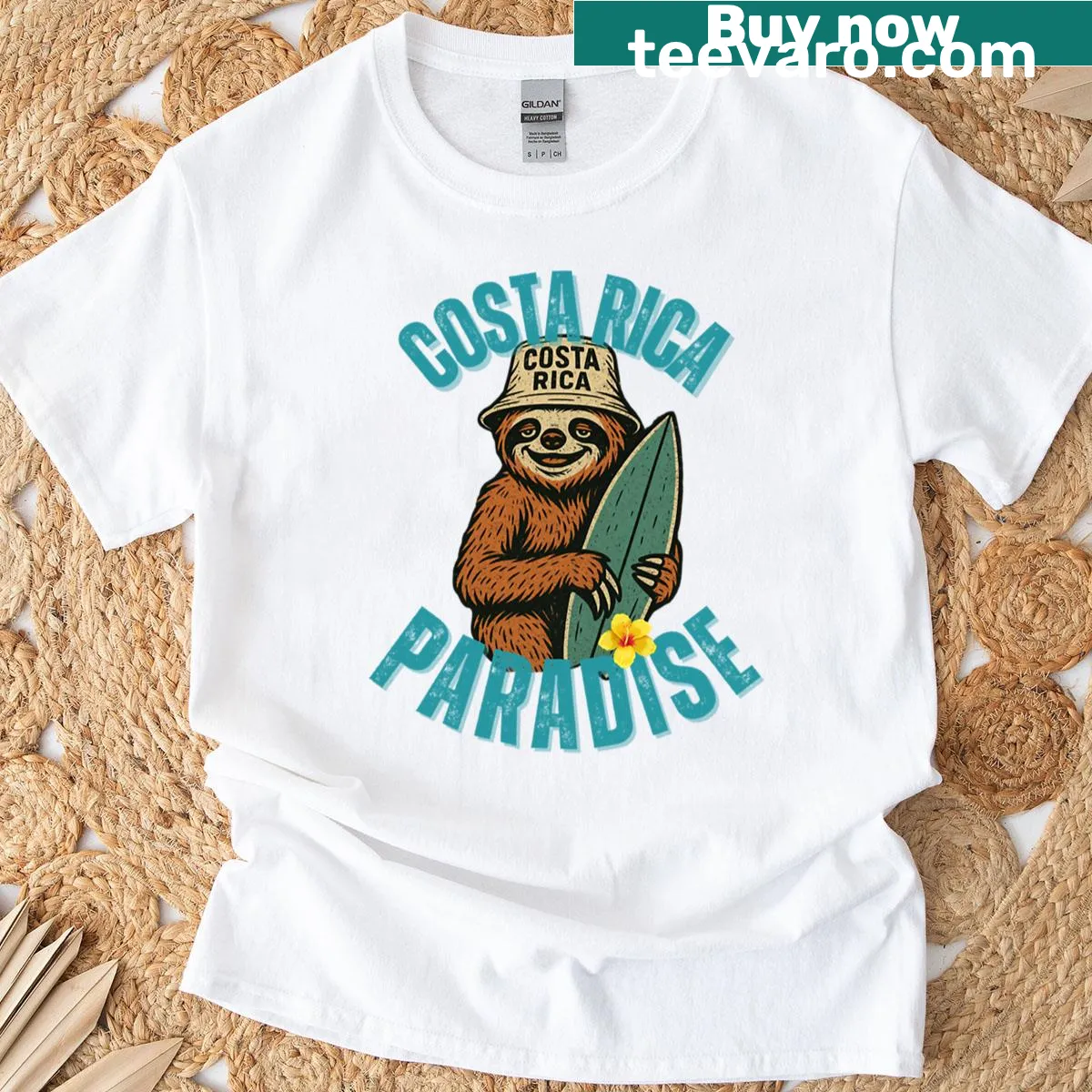 Illustration of a sloth in a lush paradise design — on a men's t-shirt