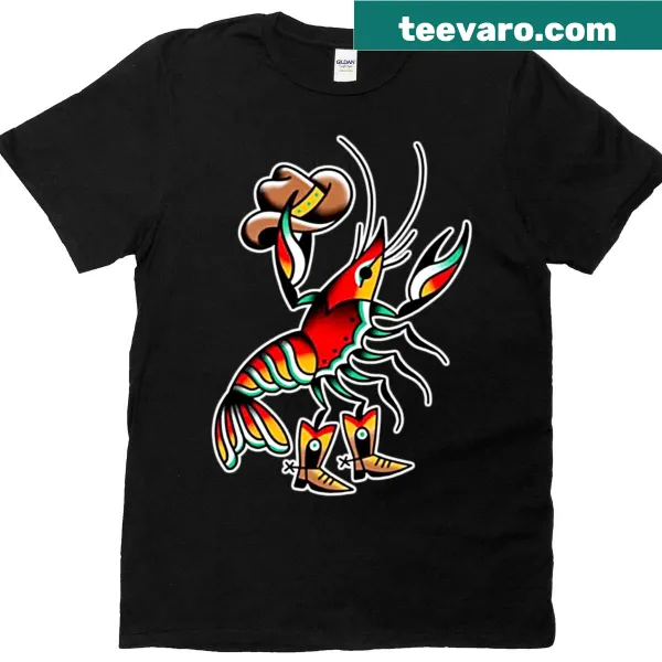 Fun t-shirt featuring a crawfish cowboy illustration