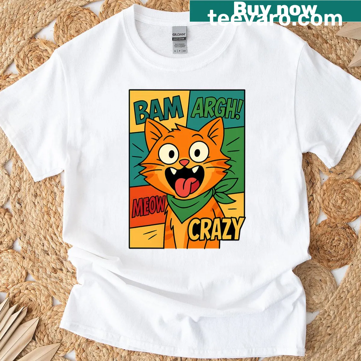 Pop art illustration of a funny orange cat on a t-shirt — on a men's t-shirt