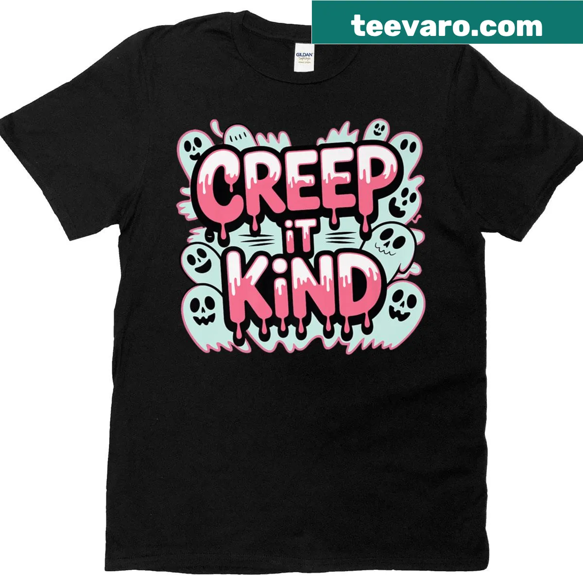 Cartoon drippy ghost Halloween t-shirt promoting kindness — on a men's t-shirt