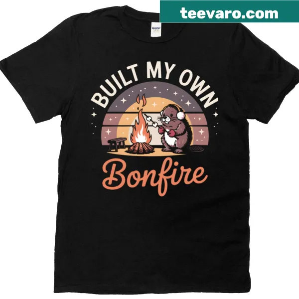Playful t-shirt with a cute beaver by a bonfire