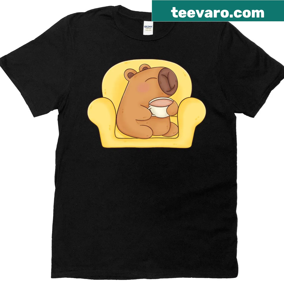 Illustration of a cute capybara enjoying tea on a t-shirt. — on a men's t-shirt
