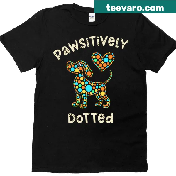 Cartoon graphic of a dog with dots for Dot Day on a t-shirt