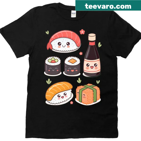 Oversized t-shirt featuring cute kawaii sushi characters with happy faces