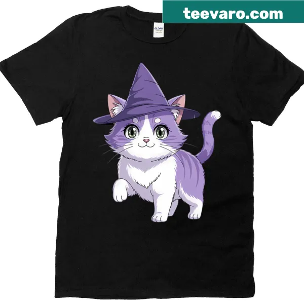 Cartoon graphic of a kitten in a witch hat on a kids' t-shirt