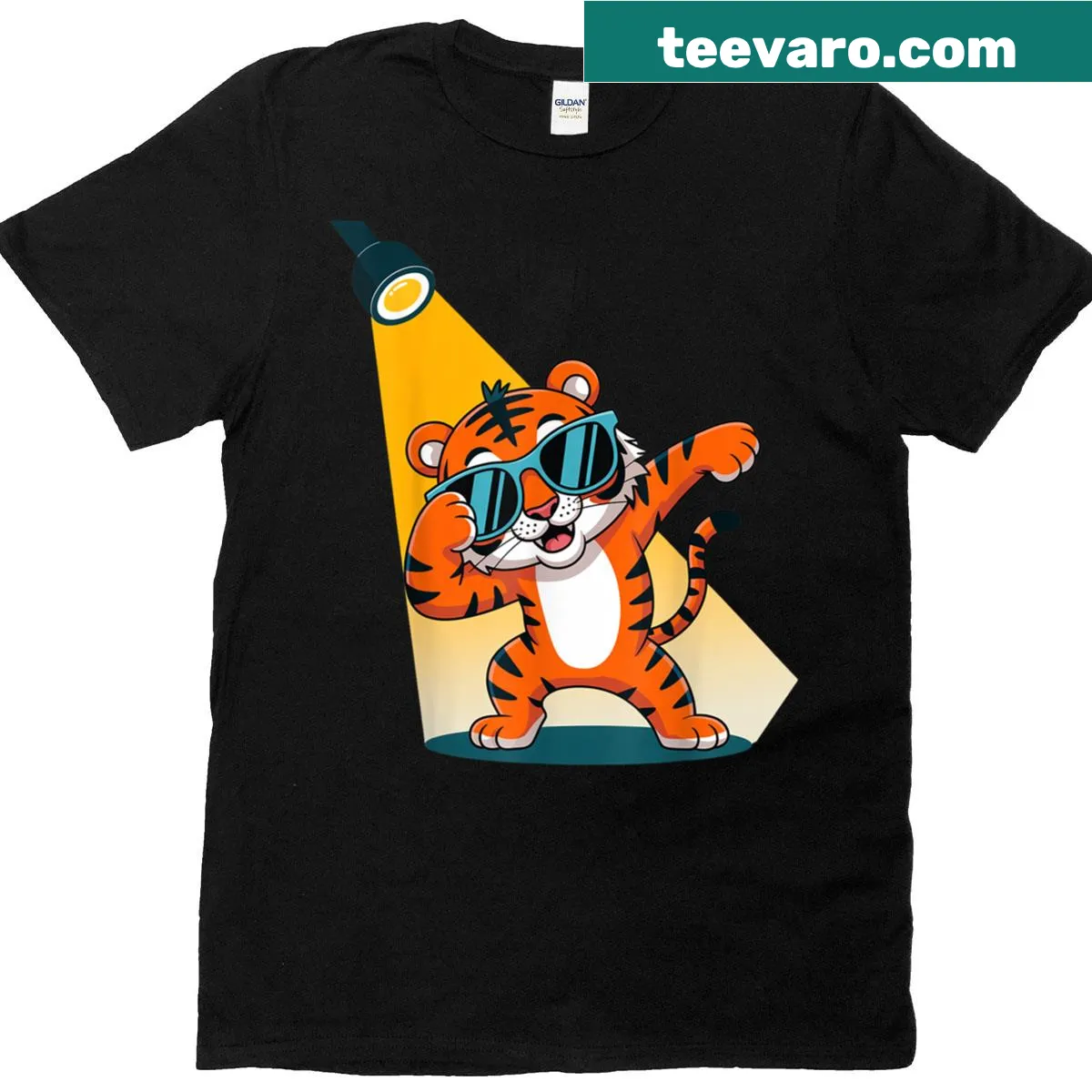Playful T-shirt featuring a dancing tiger with sunglasses — on a men's t-shirt