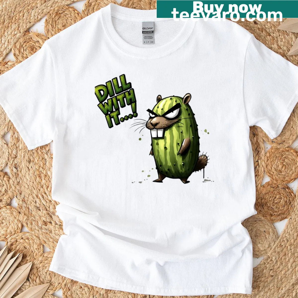Funny design of an angry rodent in cucumber shape on a T-shirt — on a men's t-shirt
