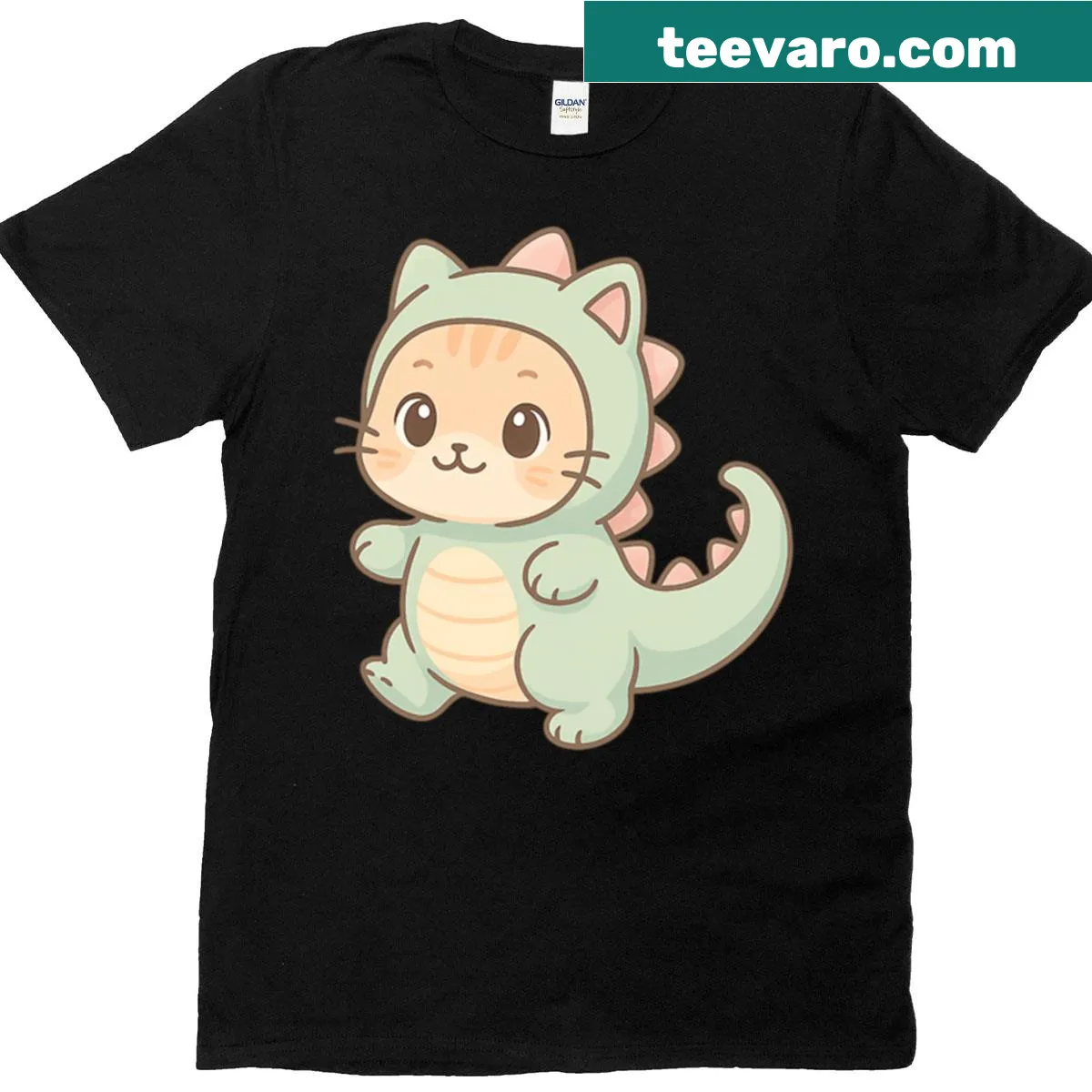 Cartoon cat-dinosaur hybrid illustration on t-shirt — on a men's t-shirt